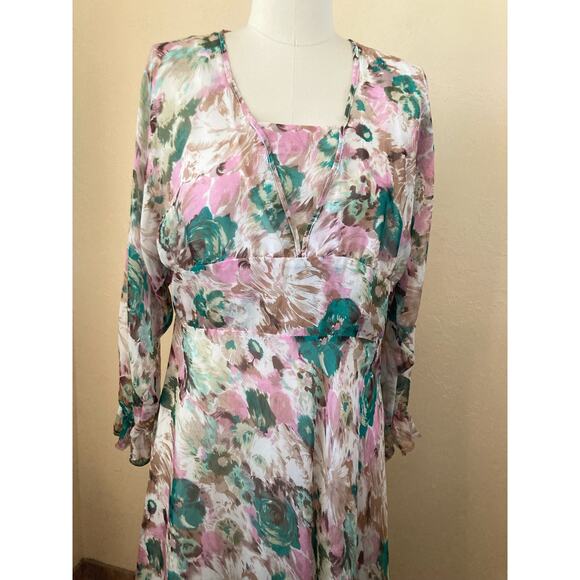 TS Three Seasons Women's Maxi Dress Size L Chiffon Floral Pink - Picture 2 of 10